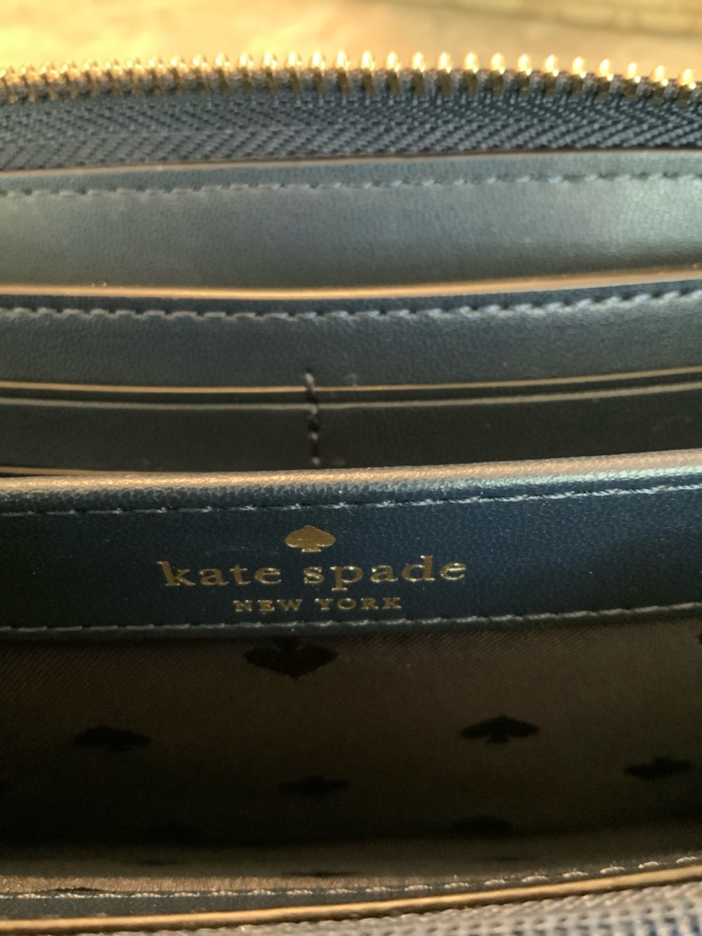 kate spade Novelty Camel Leather navy gold zip-around continental wallet EUC - Picture 13 of 16